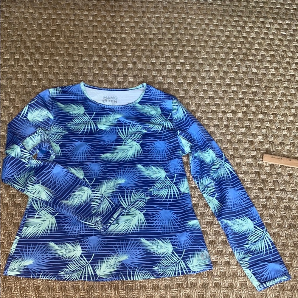 Hang Ten Blue and Green Palm Leaf Pattern Rash Guard sz Med